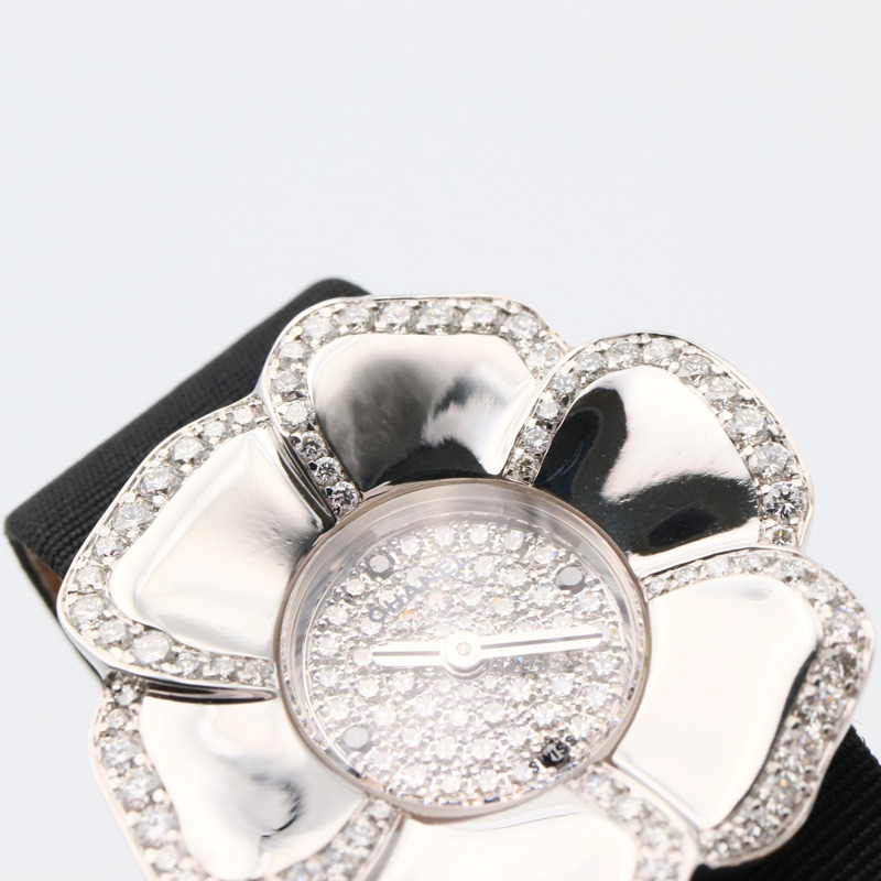 香奈兒山茶花腕錶，18K白金，皮革錶帶，鑲鑽，女士，銀色，H1190-9