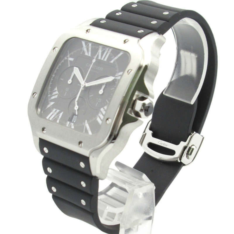 卡地亞 Santos de Chronograph XL 男士腕錶，不鏽鋼錶殼，橡膠錶帶，灰色 (WSSA0078)-1