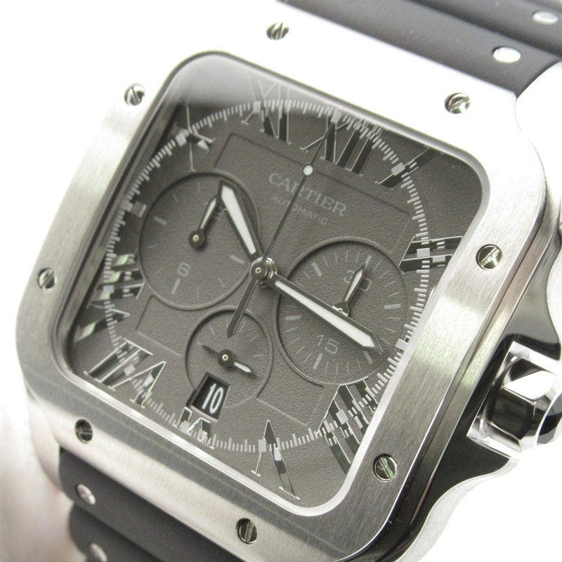 卡地亞 Santos de Chronograph XL 男士腕錶，不鏽鋼錶殼，橡膠錶帶，灰色 (WSSA0078)-2