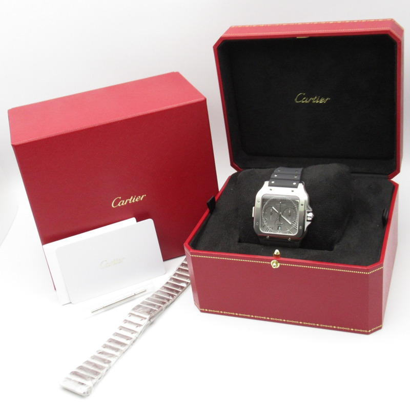 卡地亞 Santos de Chronograph XL 男士腕錶，不鏽鋼錶殼，橡膠錶帶，灰色 (WSSA0078)-12