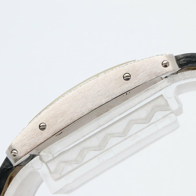 卡地亞 Tank Américaine SM 女士腕錶，鑲鑽錶圈，18K 白金，鑽石，皮革錶帶，銀色，型號 WB701851-10