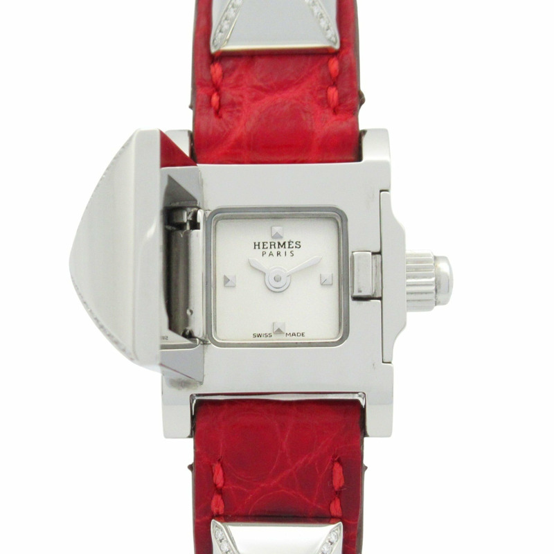 愛馬仕迷你美度腕錶，不鏽鋼錶殼鑲鑽，皮革錶帶，銀色，女士款，ME2.131-0