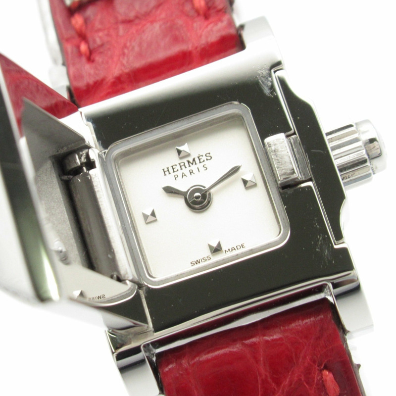 愛馬仕迷你美度腕錶，不鏽鋼錶殼鑲鑽，皮革錶帶，銀色，女士款，ME2.131-3