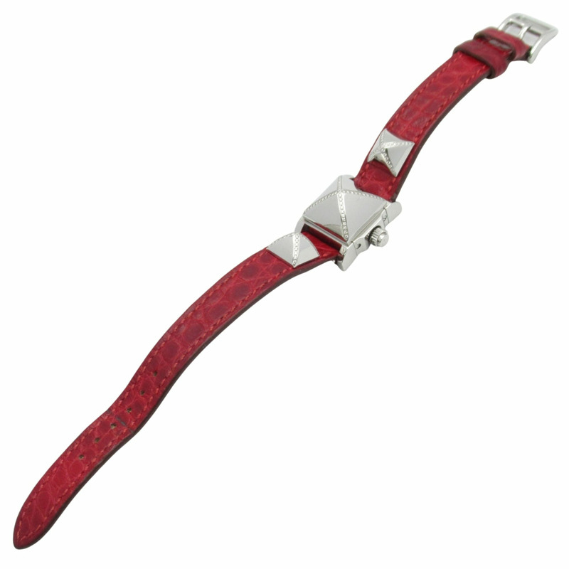 愛馬仕迷你美度腕錶，不鏽鋼錶殼鑲鑽，皮革錶帶，銀色，女士款，ME2.131-4