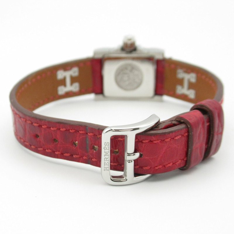 愛馬仕迷你美度腕錶，不鏽鋼錶殼鑲鑽，皮革錶帶，銀色，女士款，ME2.131-5