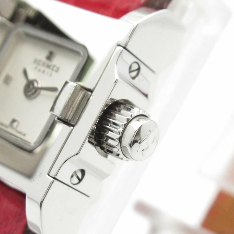 愛馬仕迷你美度腕錶，不鏽鋼錶殼鑲鑽，皮革錶帶，銀色，女士款，ME2.131-7