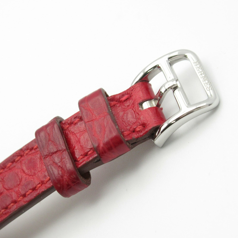 愛馬仕迷你美度腕錶，不鏽鋼錶殼鑲鑽，皮革錶帶，銀色，女士款，ME2.131-14