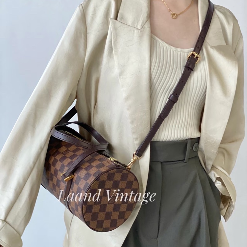 🔥路易威登圓筒包26LV咖棋盤格金釦Papillon PM圓筒包 N51304-1