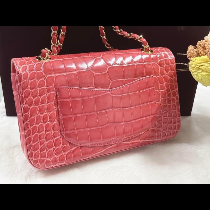 chanel鱷魚皮淺紅色cf25口蓋包 近全新收藏品-5