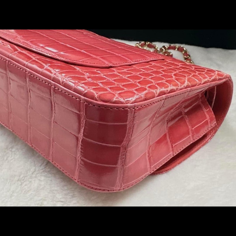 chanel鱷魚皮淺紅色cf25口蓋包 近全新收藏品-9