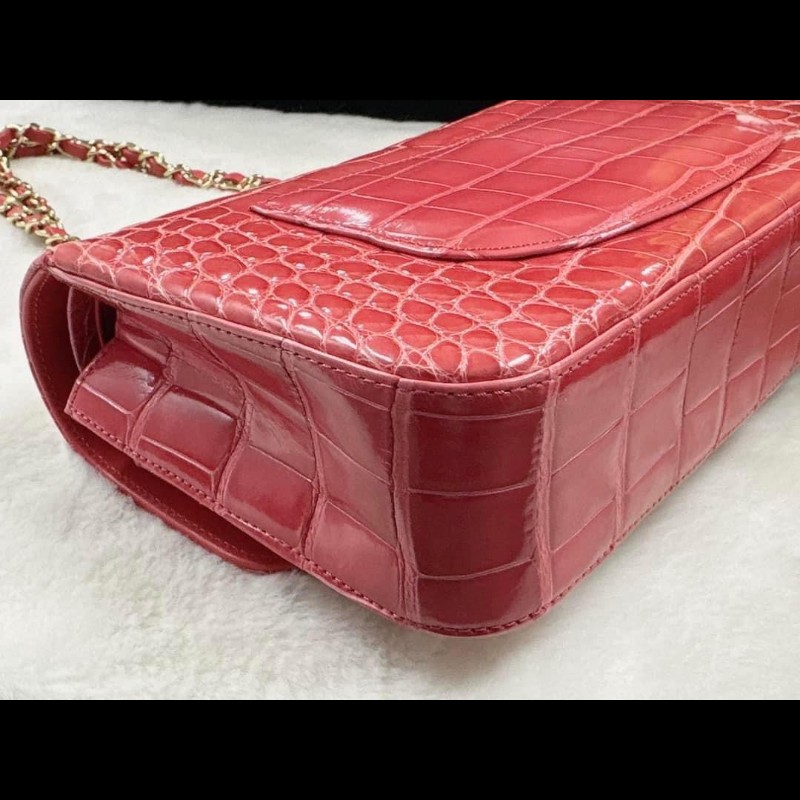 chanel鱷魚皮淺紅色cf25口蓋包 近全新收藏品-10