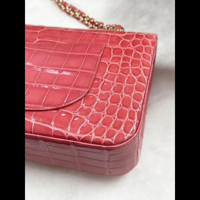 chanel鱷魚皮淺紅色cf25口蓋包 近全新收藏品-11