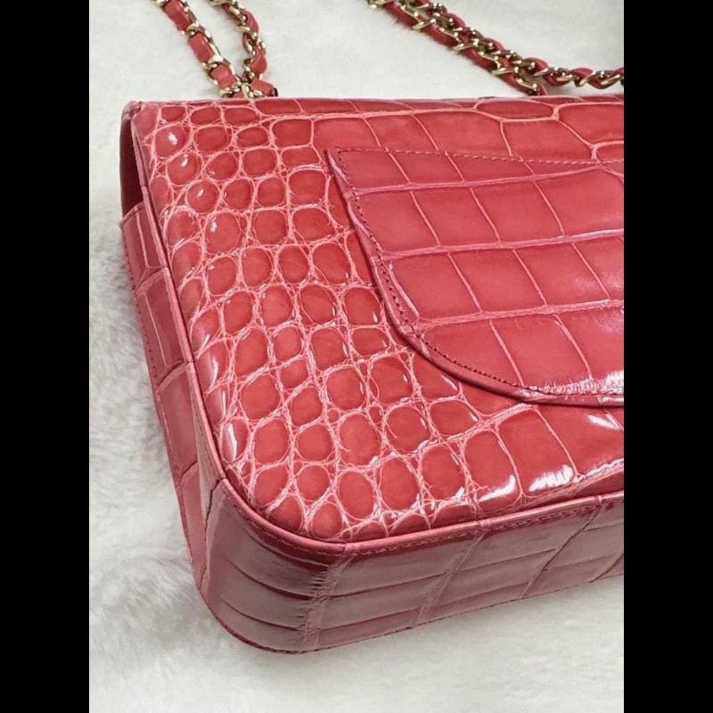 chanel鱷魚皮淺紅色cf25口蓋包 近全新收藏品-12