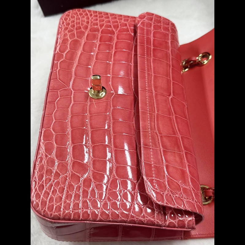 chanel鱷魚皮淺紅色cf25口蓋包 近全新收藏品-14