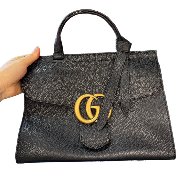 Gucci 斜背包 黑色牛皮 金釦-5