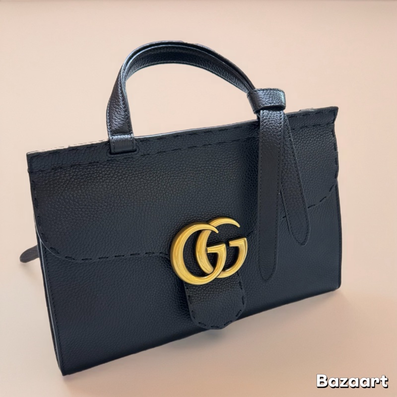 Gucci 斜背包 黑色牛皮 金釦-8