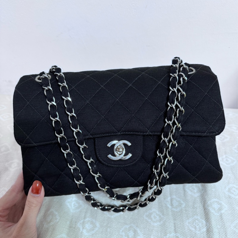 Chanel 雙子星雙面銀扣鏈條CF25 佳績布肩背包 雙面Logo稀有老香!! CP值超高的CF25!!!-7