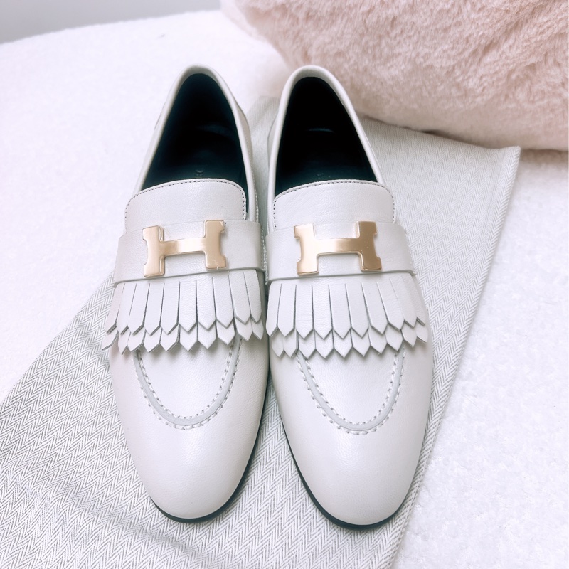 35.5碼 Hermes royal loafers 白色流蘇H釦樂福鞋/平底鞋-0