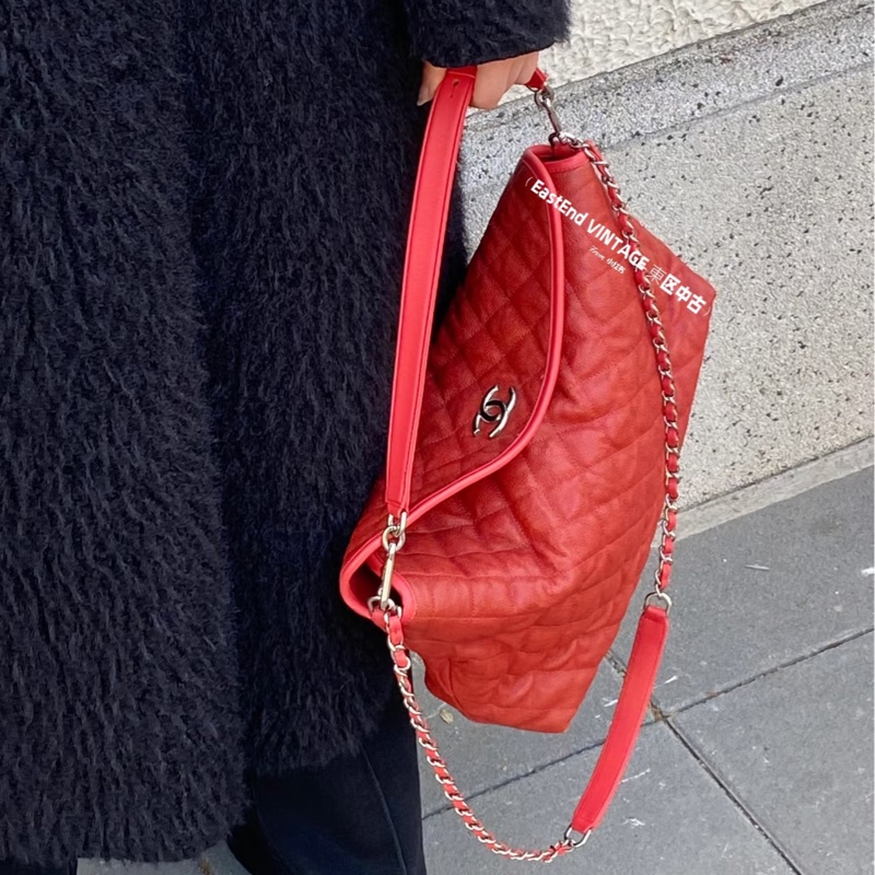 ❤️香奈兒2wayhobo紅色CHANEL銀釦小牛皮HOBO肩背包A66803-1