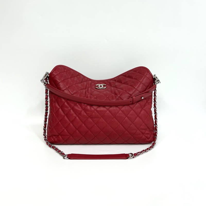 ❤️香奈兒2wayhobo紅色CHANEL銀釦小牛皮HOBO肩背包A66803-5