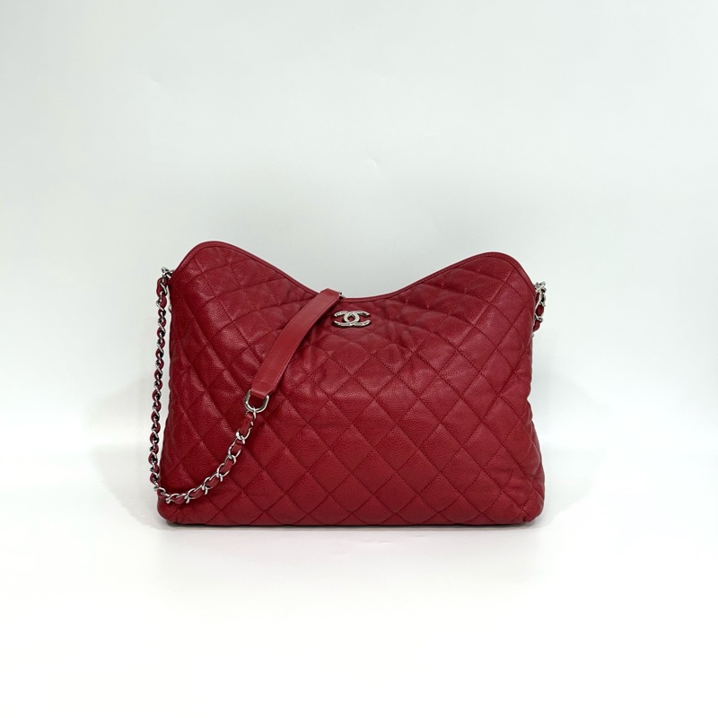 ❤️香奈兒2wayhobo紅色CHANEL銀釦小牛皮HOBO肩背包A66803-6