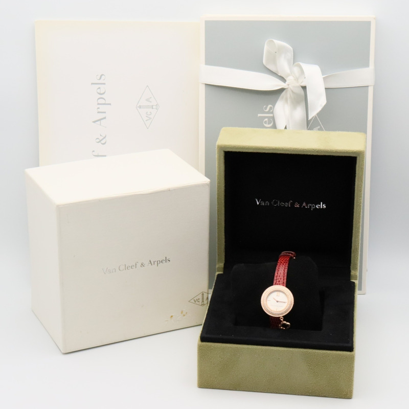 梵克雅寶 Charm Mini 腕錶，18K 玫瑰金，皮革錶帶，銀色，女士款，VCARO29700-9