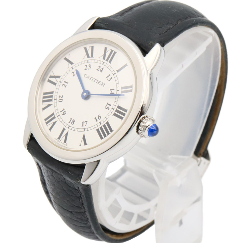 卡地亞 Ronde Solo de SM 女士腕錶，不鏽鋼和皮革錶帶，銀色，WSRN0019-1