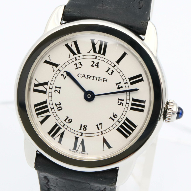 卡地亞 Ronde Solo de SM 女士腕錶，不鏽鋼和皮革錶帶，銀色，WSRN0019-2