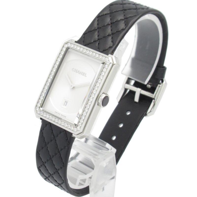 香奈兒男友腕錶，不鏽鋼鑲鑽錶殼，皮革錶帶，女士，白色，蛋白石 H6402-1