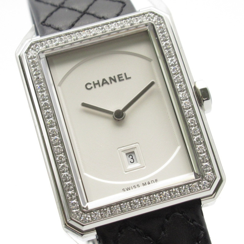 香奈兒男友腕錶，不鏽鋼鑲鑽錶殼，皮革錶帶，女士，白色，蛋白石 H6402-2