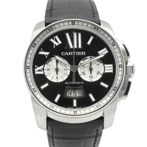 卡地亞 Calibre de Chronograph 計時腕錶，不鏽鋼和皮革錶帶，男士，黑色，W7100060