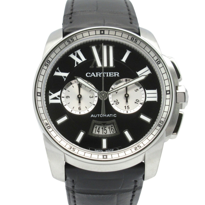 卡地亞 Calibre de Chronograph 計時腕錶，不鏽鋼和皮革錶帶，男士，黑色，W7100060-0