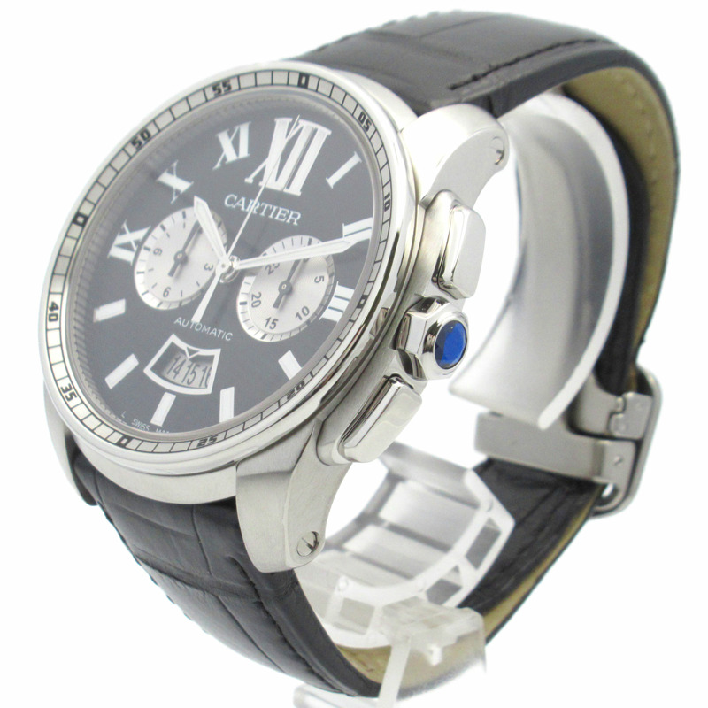 卡地亞 Calibre de Chronograph 計時腕錶，不鏽鋼和皮革錶帶，男士，黑色，W7100060-1