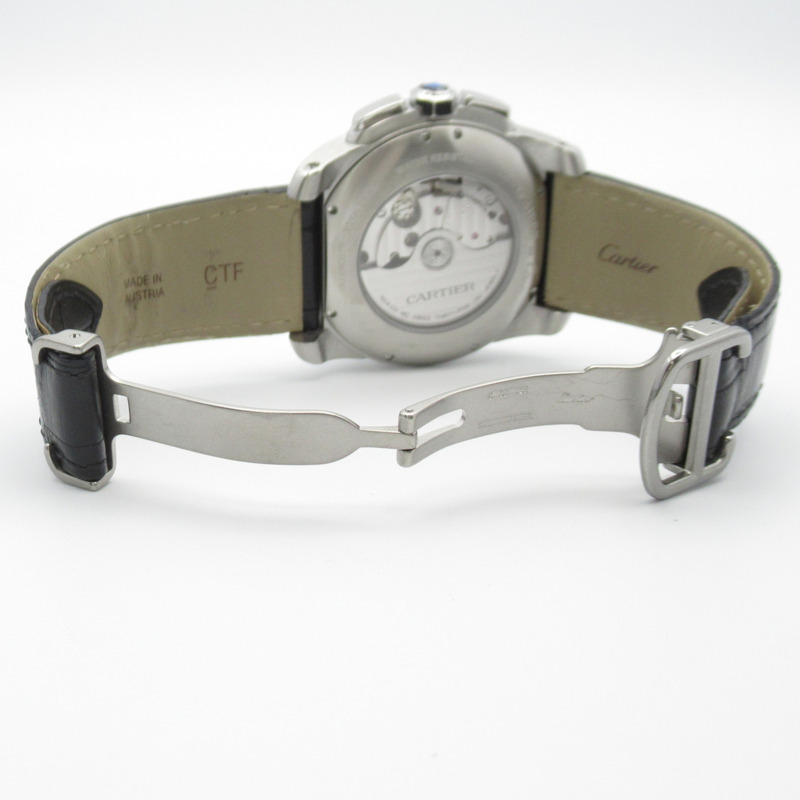 卡地亞 Calibre de Chronograph 計時腕錶，不鏽鋼和皮革錶帶，男士，黑色，W7100060-3