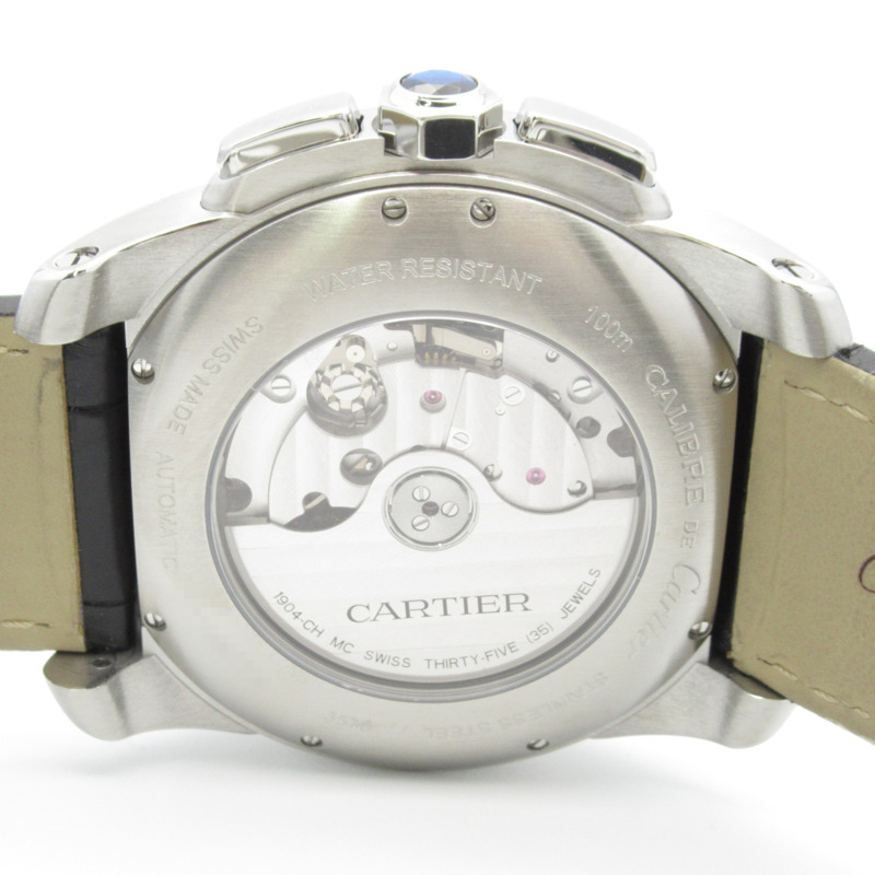 卡地亞 Calibre de Chronograph 計時腕錶，不鏽鋼和皮革錶帶，男士，黑色，W7100060-4
