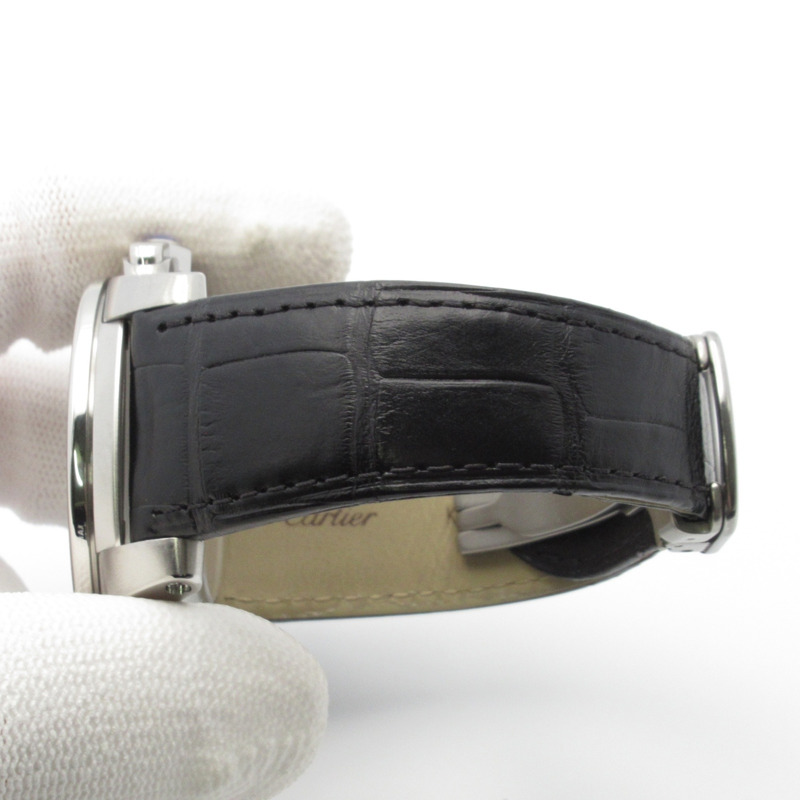 卡地亞 Calibre de Chronograph 計時腕錶，不鏽鋼和皮革錶帶，男士，黑色，W7100060-7