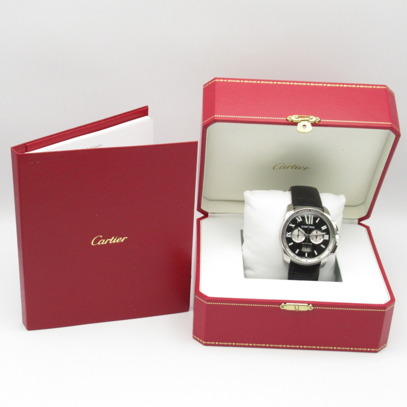 卡地亞 Calibre de Chronograph 計時腕錶，不鏽鋼和皮革錶帶，男士，黑色，W7100060-9