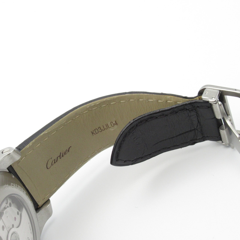 卡地亞 Calibre de Chronograph 計時腕錶，不鏽鋼和皮革錶帶，男士，黑色，W7100060-15