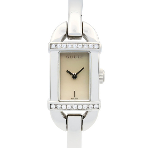 Gucci 6800L 女士白色不鏽鋼鑲鑽腕錶，附錶殼