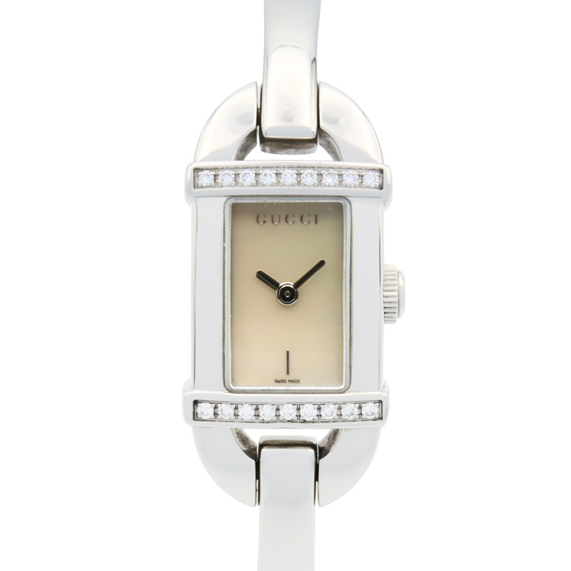 Gucci 6800L 女士白色不鏽鋼鑲鑽腕錶，附錶殼-0