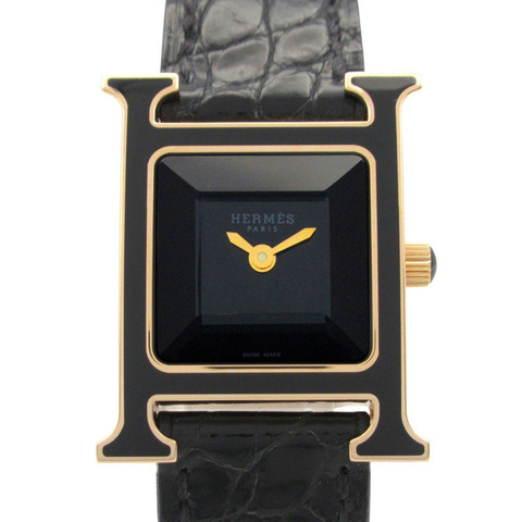 愛馬仕 H Watch PM 女士腕錶，18K 玫瑰金錶帶，皮革錶帶，黑色，型號 HH1.270b
