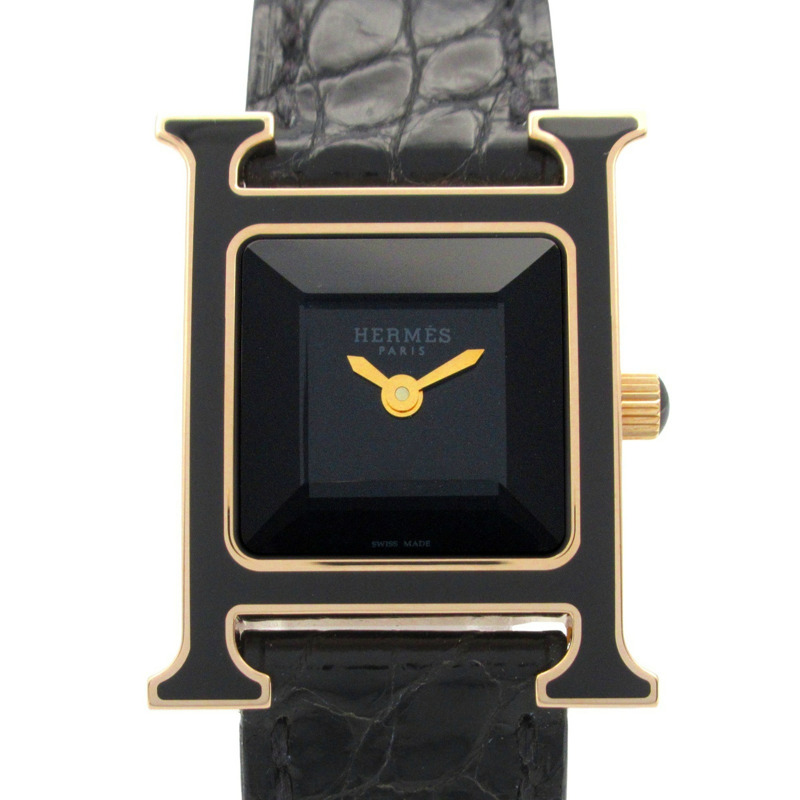 愛馬仕 H Watch PM 女士腕錶，18K 玫瑰金錶帶，皮革錶帶，黑色，型號 HH1.270b-0