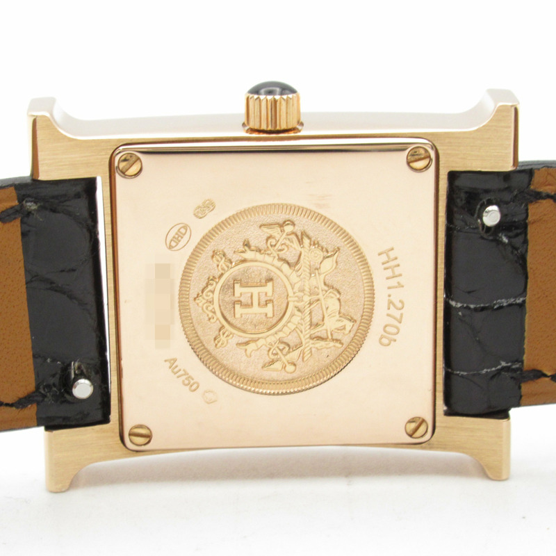 愛馬仕 H Watch PM 女士腕錶，18K 玫瑰金錶帶，皮革錶帶，黑色，型號 HH1.270b-5