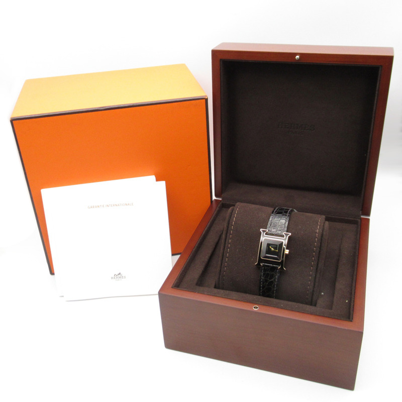 愛馬仕 H Watch PM 女士腕錶，18K 玫瑰金錶帶，皮革錶帶，黑色，型號 HH1.270b-9