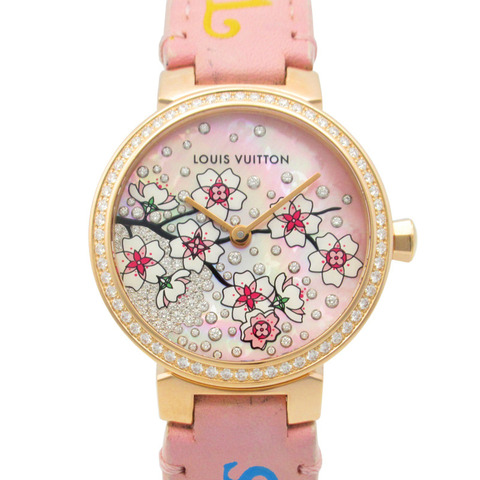 路易威登 Tambour Sakura 鑽石錶圈腕錶，18K 玫瑰金鑲鑽皮錶帶，貝殼紋，女款，Q1K09