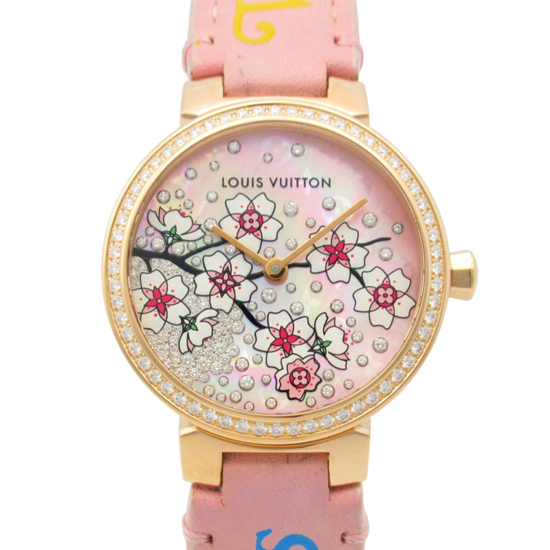 路易威登 Tambour Sakura 鑽石錶圈腕錶，18K 玫瑰金鑲鑽皮錶帶，貝殼紋，女款，Q1K09-0