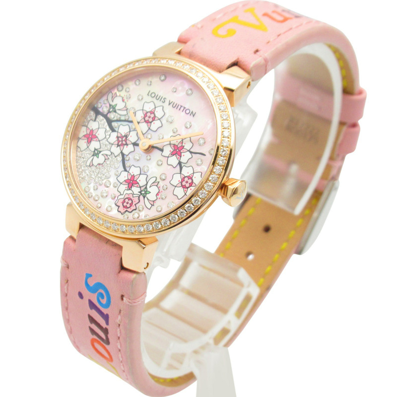 路易威登 Tambour Sakura 鑽石錶圈腕錶，18K 玫瑰金鑲鑽皮錶帶，貝殼紋，女款，Q1K09-1
