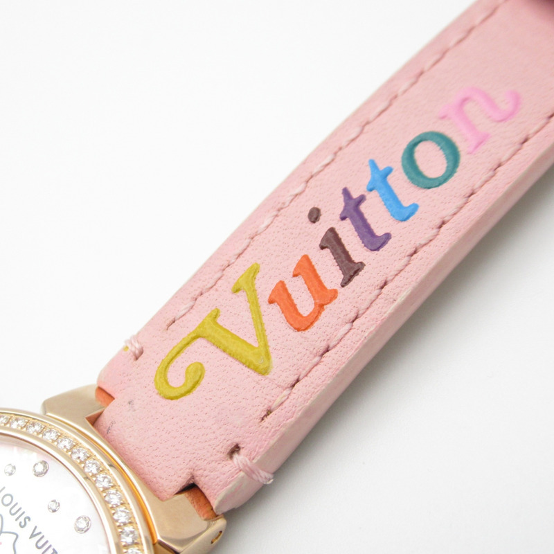 路易威登 Tambour Sakura 鑽石錶圈腕錶，18K 玫瑰金鑲鑽皮錶帶，貝殼紋，女款，Q1K09-9