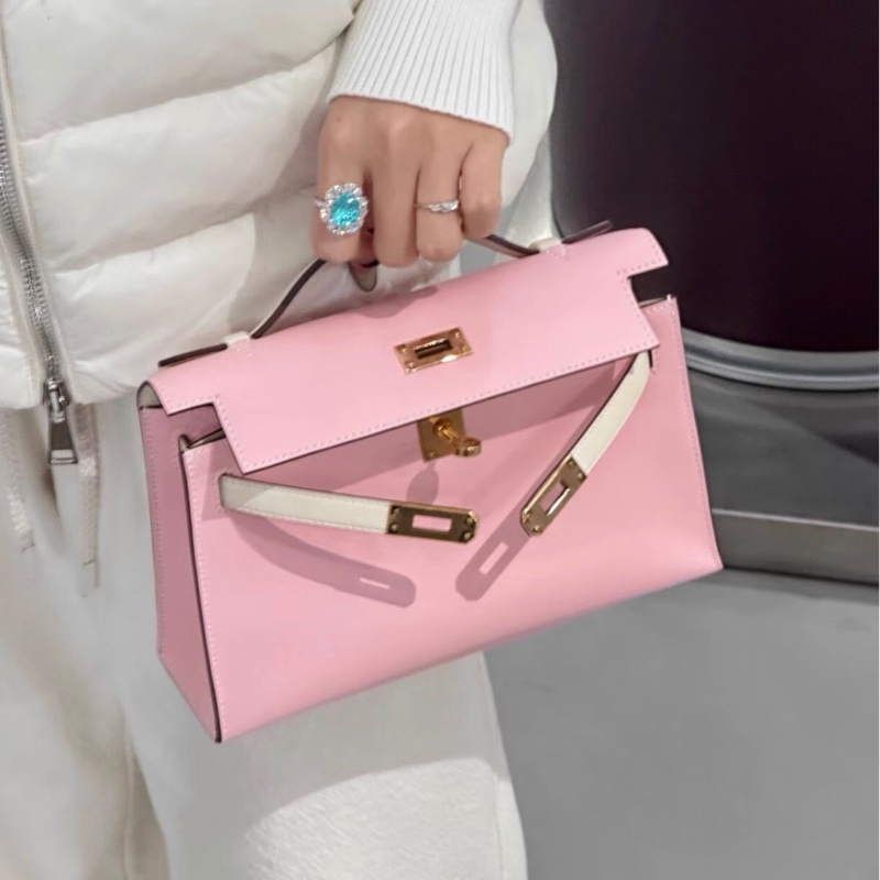 愛馬仕Hermes minikelly 一代 櫻花粉拼奶油白 玫瑰金扣 Swift皮-0