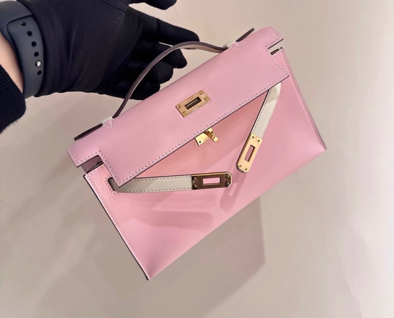 愛馬仕Hermes minikelly 一代 櫻花粉拼奶油白 玫瑰金扣 Swift皮-2